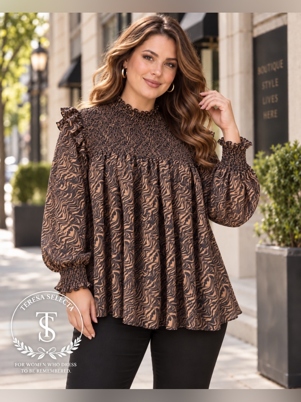 Terra & Sky Women’s 3X Brown Black Animal Print Smocked Ruffle Blouse